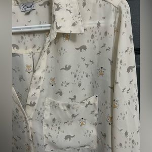 Cute animal print button up v neck top with pockets